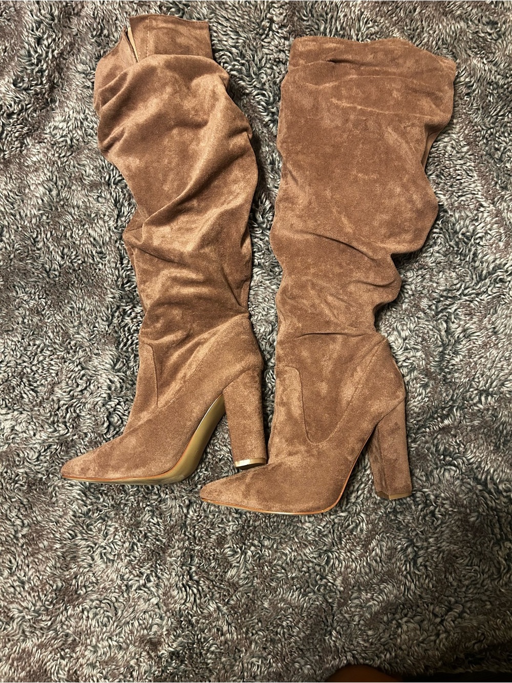 Brown Suede Slouch Knee-High Heeled Boots